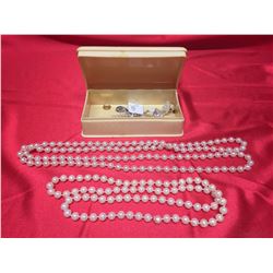 French Ivory Box with Pearl Necklace and Earrings.