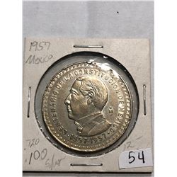 1957 Mexico Silver Large Un Peso Coin in MS High Grade