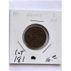 Rare 1911 NORWAY 2 Ore Coin