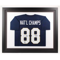 Lou Holtz Signed Notre Dame Fighting Irish 35x43 Custom Framed Jersey Inscribed "Play Like A Champio