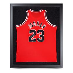 Michael Jordan Signed Chicago Bulls 32x42 Custom Framed Jersey (UDA COA)