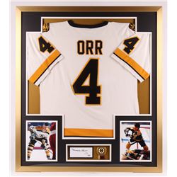 Bobby Orr Signed Vitnage Boston Bruins 32x36 Custom Framed Cut Display With Boston Bruin Pin (PSA CO