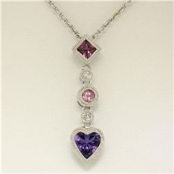 14K White Gold Heart Amethyst Tourmaline Pink Sapphire Diamond Dangle Pendant