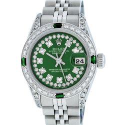 Rolex Ladies Stainless Steel 26MM Green Diamond Lugs Datejust Wristwatch