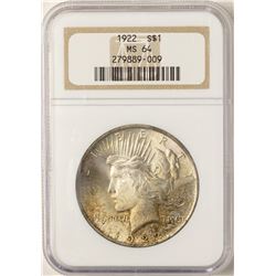 1922 $1 Peace Silver Dollar Coin NGC MS64