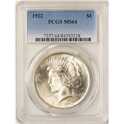 1922 $1 Peace Silver Dollar Coin PCGS MS64
