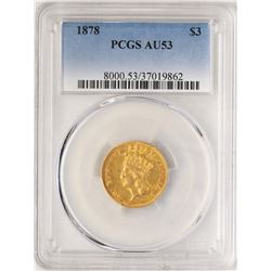 1878 $3 Indian Princess Head Gold Coin PCGS AU53