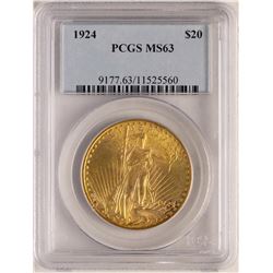 1924 $20 St. Gaudens Double Eagle Gold Coin PCGS MS63