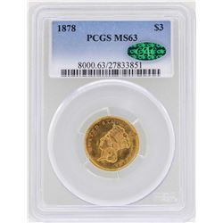 1878 $3 Indian Princess Head Gold Coin PCGS MS63 CAC