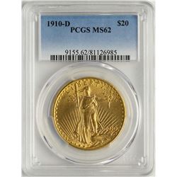 1910-D $20 St. Gaudens Double Eagle Gold Coin PCGS MS62