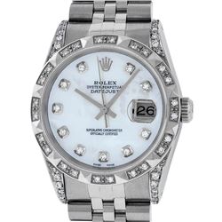 Rolex Mens Stainless Steel MOP Diamond Lugs & Pyramid Bezel Datejust Wristwatch