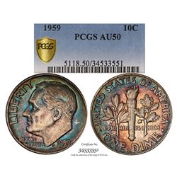 1959 Roosevelt Dime Coin PCGS AU50 Amazing Toning