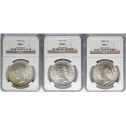 Lot of 1922-1924 $1 Peace Silver Dollar Coins NGC MS63