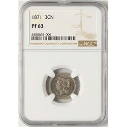 1871 Proof Three Cent Nickel Coin NGC PF63