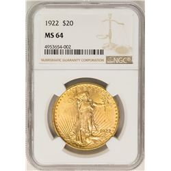 1922 $20 St. Gaudens Double Eagle Gold Coin NGC MS64