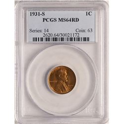 1931-S Lincoln Wheat Cent Coin PCGS MS64RD