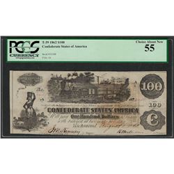 1862 $100 Confederate States of America Note T-39 PCGS About New 55