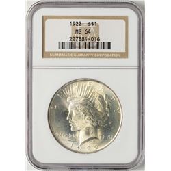 1922 $1 Peace Silver Dollar Coin NGC MS64