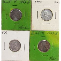 4-UNC Steel Cents; 1943,1943-D, (2)1943-S