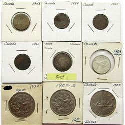 1858 CANADA 20 CENTS HOLED; 1920, 1921,1934, 1943