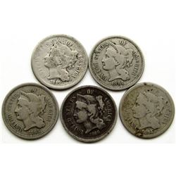 5-THREE CENT NICKELS AVG CIRC