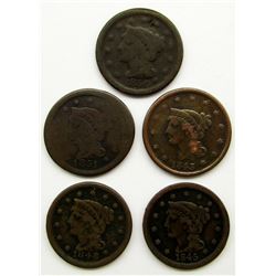 5-LARGE CENTS:  1843, '45, '48, '50, '51
