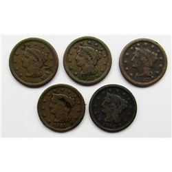 5-LARGE CENTS: 1845, '46, '47, '48, & '50
