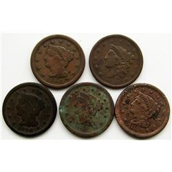 5- LARGE CENTS- 1838, 1848, 1851, 1854, 1854