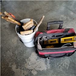 ROLLING HUSKY TOOL BAG W/ CONTENTS AND BUCKET OF SAWS