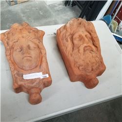 2 TERRA COTTA WALL SCONCE PLANTERS W/ MALE AND FEMALE FACES