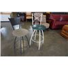 Image 1 : WHITE BAR STOOL W/ GREEN CUSHION AND GREY METAL SWIVEL CHAIR