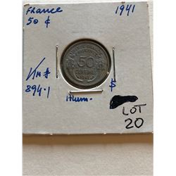 1941 France 50 Centimes Nice Early WWII French Coin