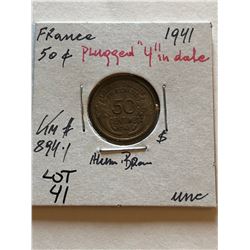 ERROR 1941 WWII France 50 Centimes PLUGGED 4 in Date UNC High Grade