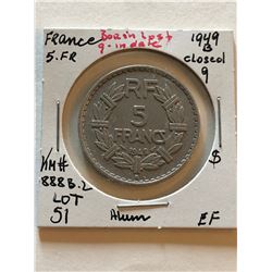 ERROR 1949B France 5 Francs BORIN Lost 9 in Date XF Grade