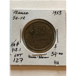 Beautiful Toned 1953 France 50 Francs in AU High Grade