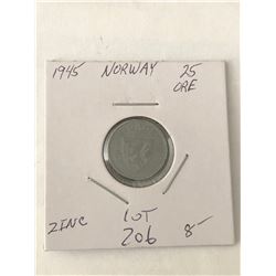 Rare 1945 Norway 25 Ore Coin