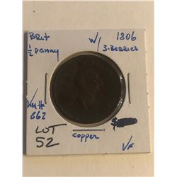 Very Early 1806 Great Britain 1/2 Penny in Very Fine Grade Coin