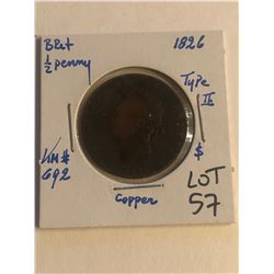 Very Early 1826 Type 2 Great Britain 1/2 Penny Coin