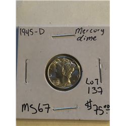 1945 D Rare MS67 High Grade Silver Mercury Dime