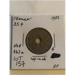 1922 France 25 Cents in Extra Fine Grade KM 867A