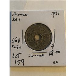 1921 France 25 Cents in Extra Fine Grade KM 867A