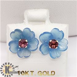 10K GARNET CHALCEDONY FLOWER JACKET EARRINGS