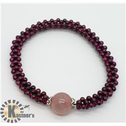 FLEXIBLE GARNET AND ROSE QUARTZ BEAD BRACELET