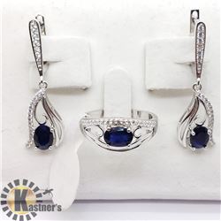 SILVER SAPPHIRE AND CZ RING AND EARRING SET