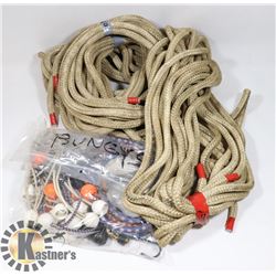 BOX OF MISC INCLUDING NYLON ROPE, TARP BUNGIES,