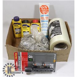 BOX WITH CHALK LINE, TAPE, GREASE, TIN SCREWS AND