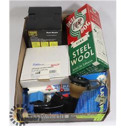 FLAT OF ASSORTED INCL DUST MASKS, STEEL WOOL, AND