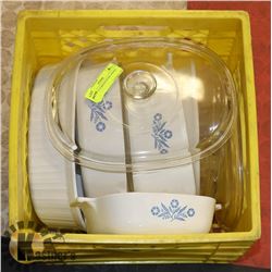 CRATE OF CORNINGWARE DISHES.