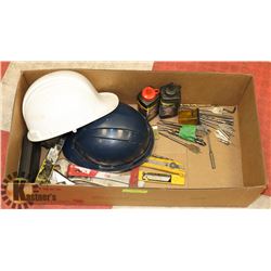 LOT OF ASSORTED INCLUDING- HARD HATS, WOOD CARVING