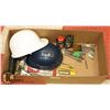 Image 1 : LOT OF ASSORTED INCLUDING- HARD HATS, WOOD CARVING